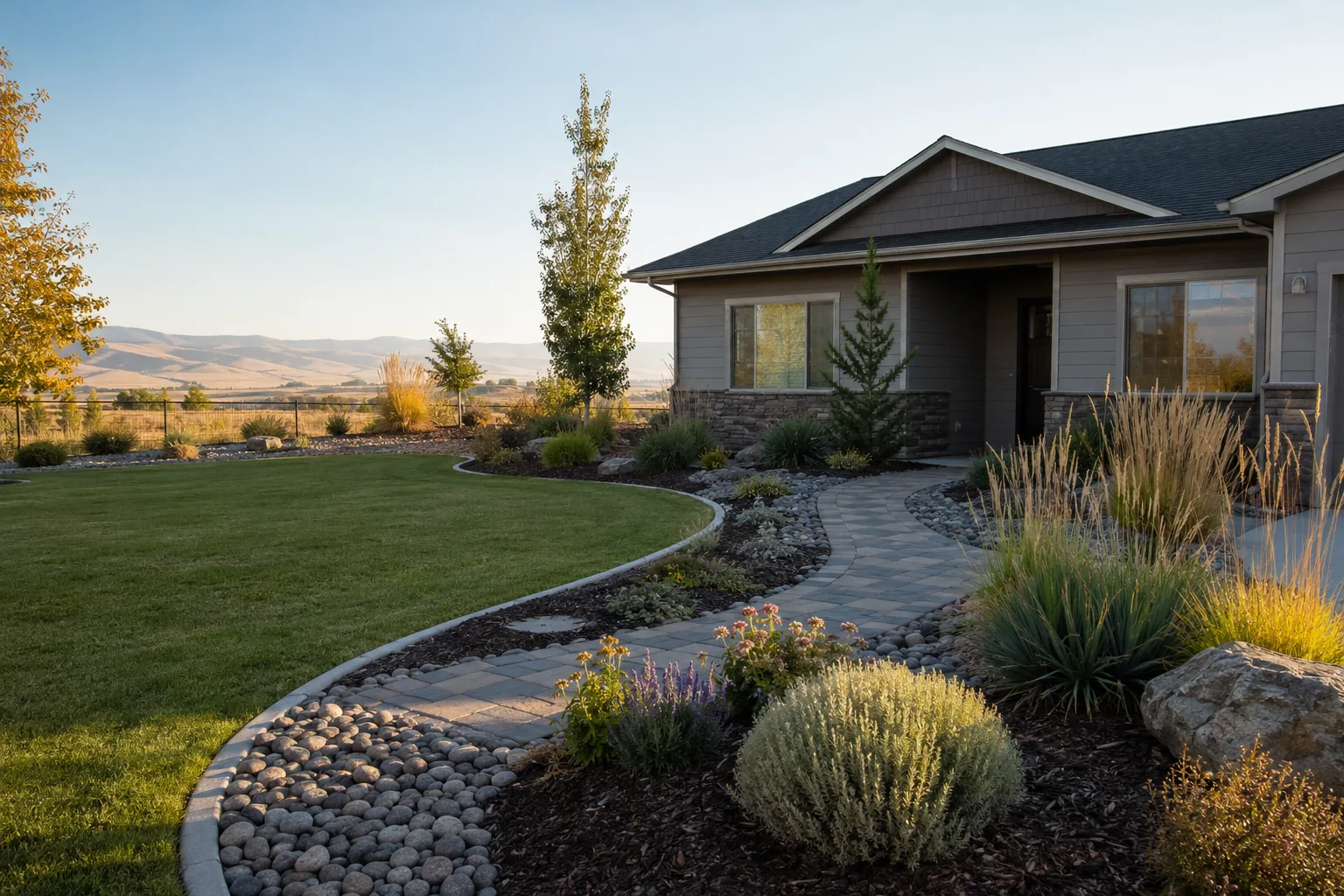Completed Central Washington yard with lawn, rock, edging, and drought-tolerant planting